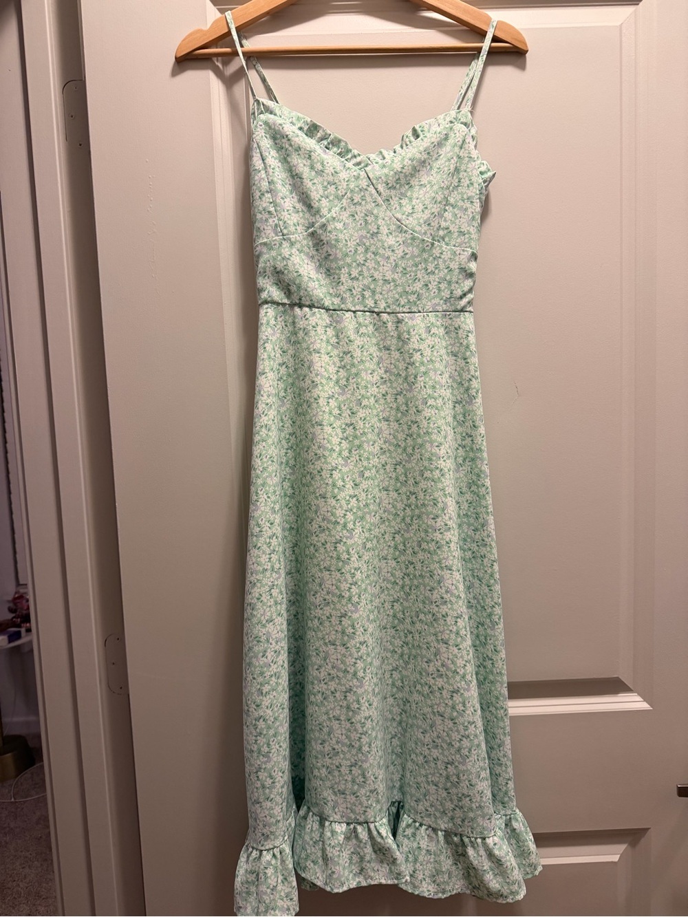 Light Green Floral Ruffle-Trim Slip Dress